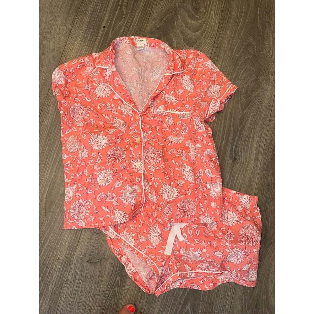 J.Crew Womens Coral Floral Cotton Pajama Set Short Sleeve Button Down Shorts M